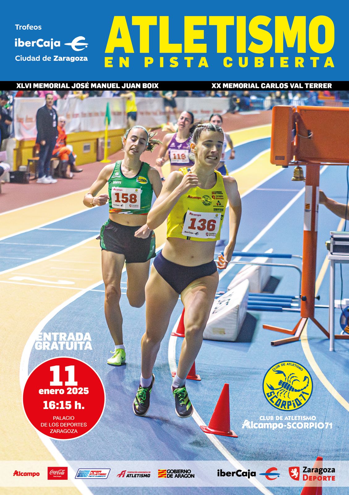 Cartel del Trofeo Ibercaja-Ciudad de Zaragoza de Atletismo en pista cubierta 2024 con su foto original, de Víctor Vieytes.