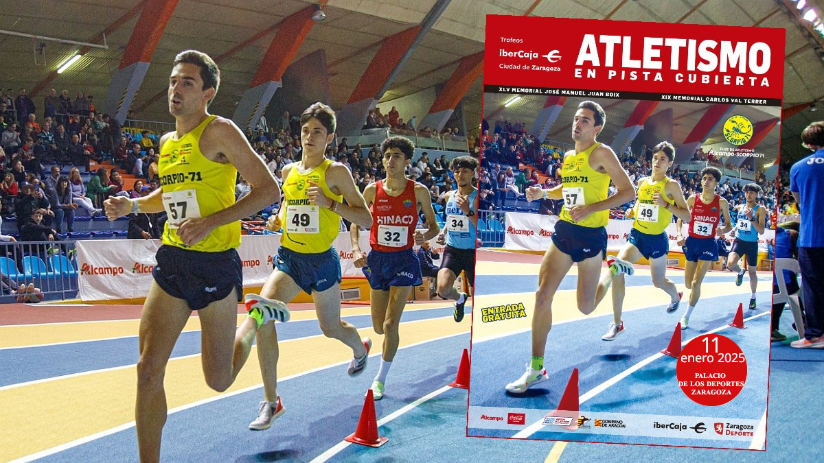 Cartel del Trofeo Ibercaja-Ciudad de Zaragoza de Atletismo en pista cubierta 2024 con su foto original, de Víctor Vieytes.